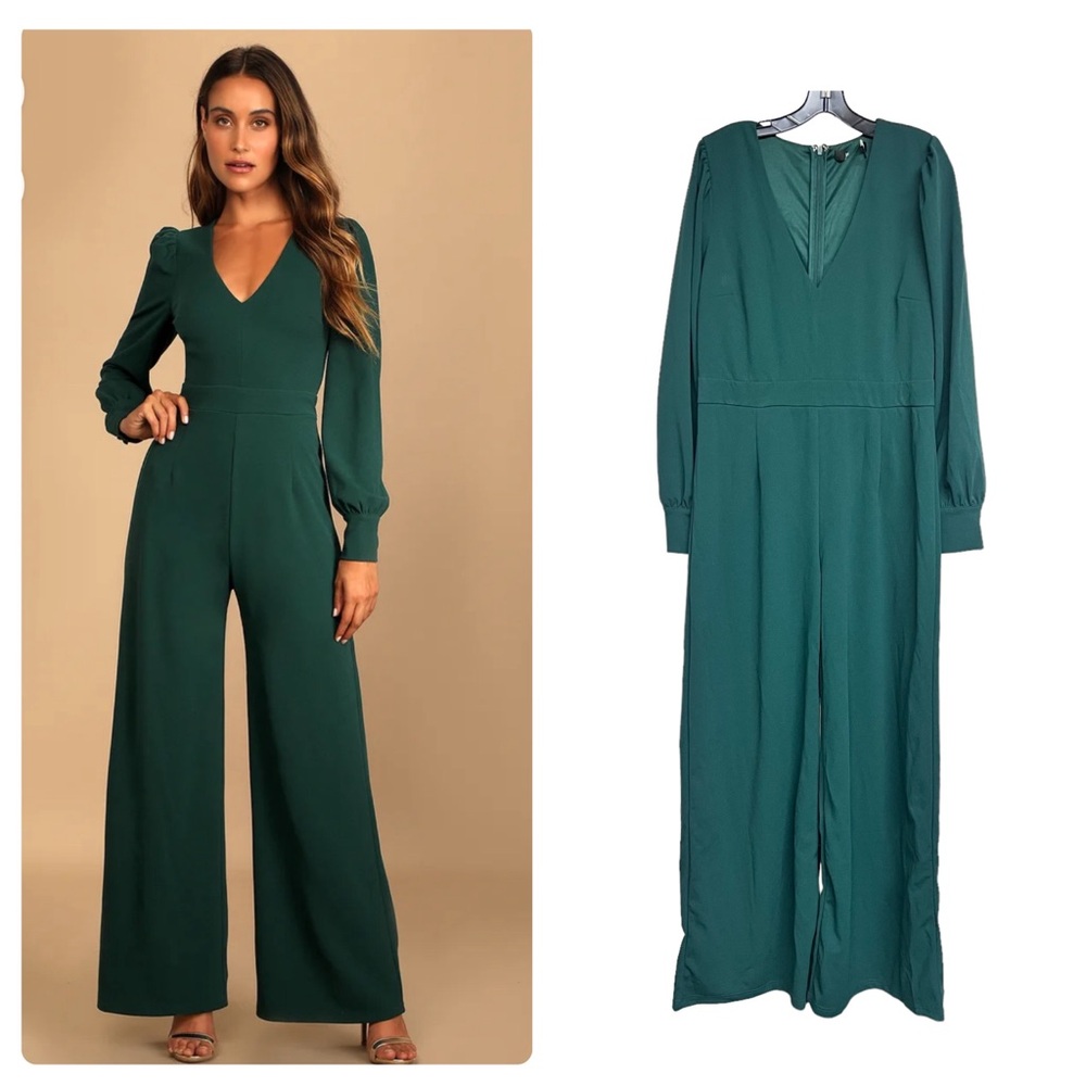 New Lulus Celebrating Romance Emerald Green Long Sleeve Wide Leg Jumpsuit